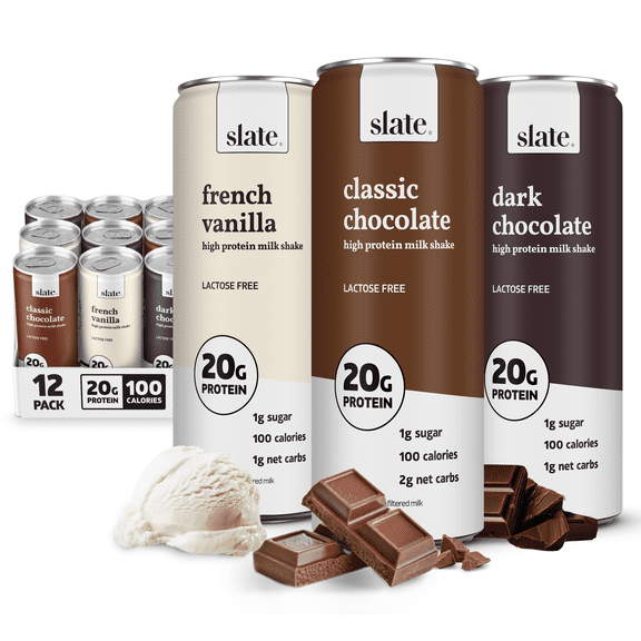 Slate Milk - High Protein Milk Shake - Core Variety Pack - 20g Protein, 1g Sugar, 100 Calories - 11 fl oz, 12 Cans