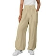 thumbnail image 2 of Lenpel Cotton Linen Pants for Women Baggy Elastic High Waisted Drawstring Wide Leg Casual Trousers Palazzo Lounge Pants with Pockets, 2 of 7