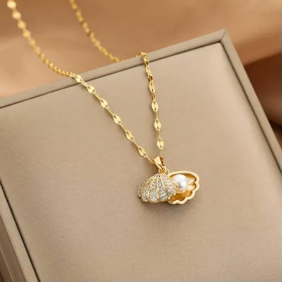 HOOUN Pearl Necklace For Women Full Of Rhinestones Shell Necklace Metal Mecklace@-Gold-