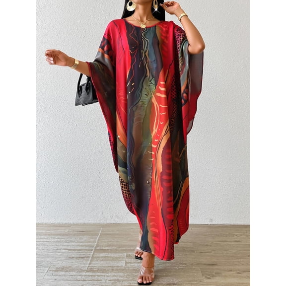OYYN Womens Plus Size Abstract Print Kaftan Dress Batwing Sleeve Maxi Dress Oversized Lightweight Summer Boho Dresses