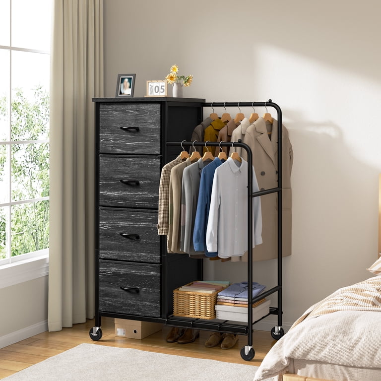 Enhomee Fabric Dresser with 2 Hanging Racks Small Dresser with 4 Drawers for bedroom Small Closet with Clothes Rack, Black