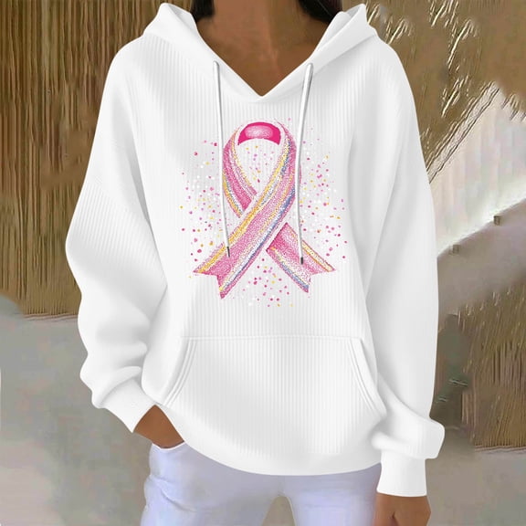 Nfurl Breast Cancer Awareness Shirts for Women Pink Ribbon Printed Long Sleeve Graphic Hoodies with Pockets Gifts for Breast Cancer Survivor White,S