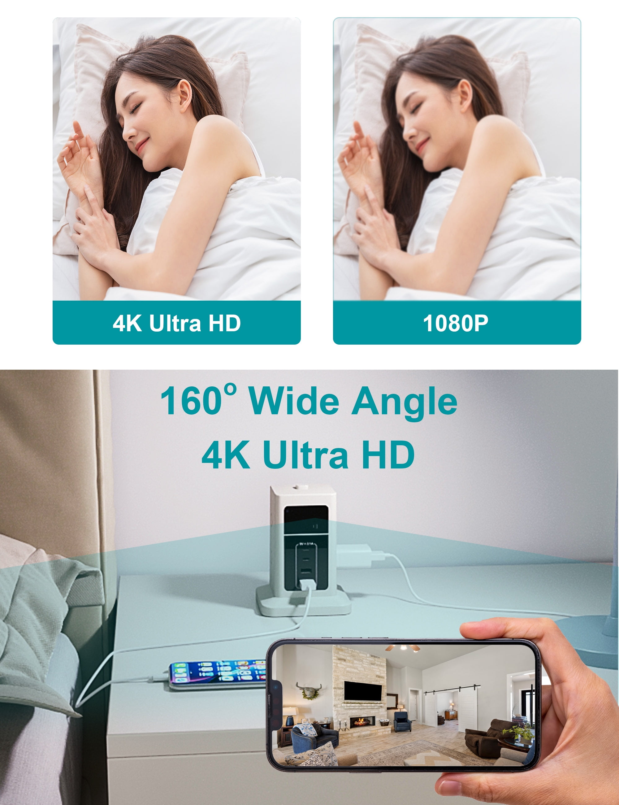 CAMDUCK 4K X7 160°Indoor Home Security Cameras for Baby/Elder/Dog/Pet Camera ,White