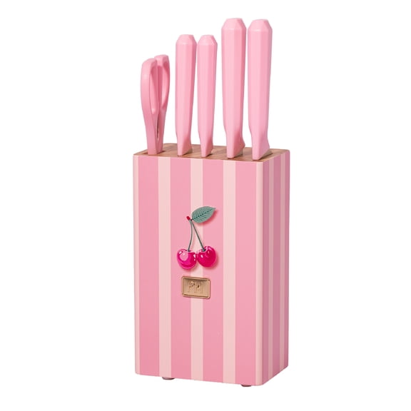 Paris Hilton 6-Piece Cutlery Block Set, Titanium-Coated Stainless Steel Blades, Cherry Print Block, Pink Faceted Handles