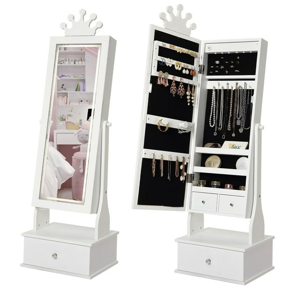 Kids Jewelry Armoire, Child Jewelry Cabinet with Led Light, Freestanding Jewelry Organizer with Full-Length Mirror, 3 Storage Drawers, Kids Vanity Dress Up Mirror Jewelry Cabinet for Girls