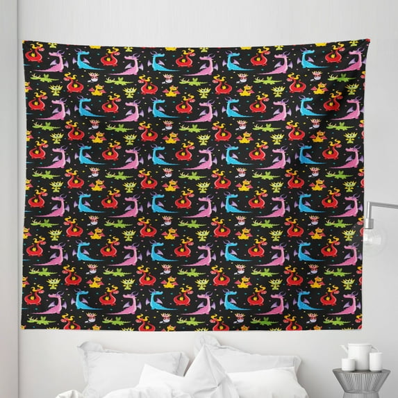 Dragon Tapestry, Different Kinds of Colorful Comic Dragons on a Black Background with Little Stars, Fabric Wall Hanging Decor for Bedroom Living Room Dorm, 5 Sizes, Multicolor, by Ambesonne