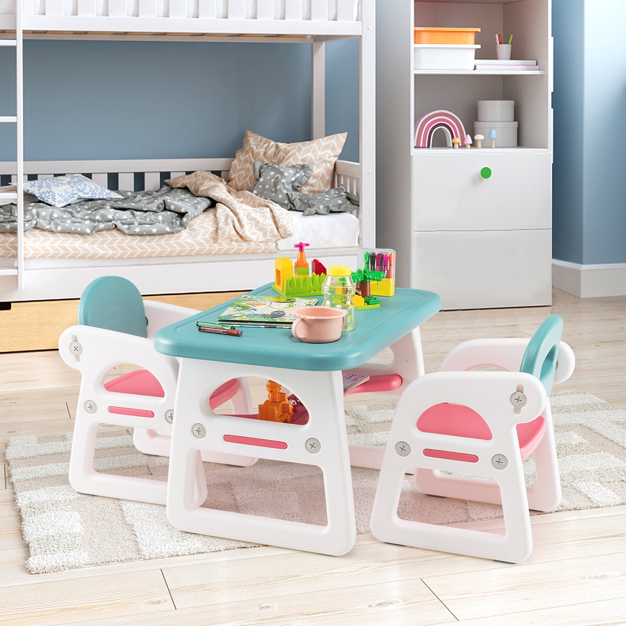 Costway 3-Piece Kids Table and Chair Set Toddler Activity Study Desk with  Building Blocks Blue