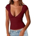 thumbnail image 3 of Women's V Neck Short Sleeve Tee Seamed Cup Design Double Layer Going Out Top, 3 of 9