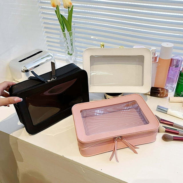 Fiudx Bolsa de Maquillaje Transparente, Organizador de Pvc Transparente, Elegante Cierre de Cuero, Almacenamiento Multifuncional para Maquillaje, Cables y Brochas, Artículos Esenciales de Viaje Portá