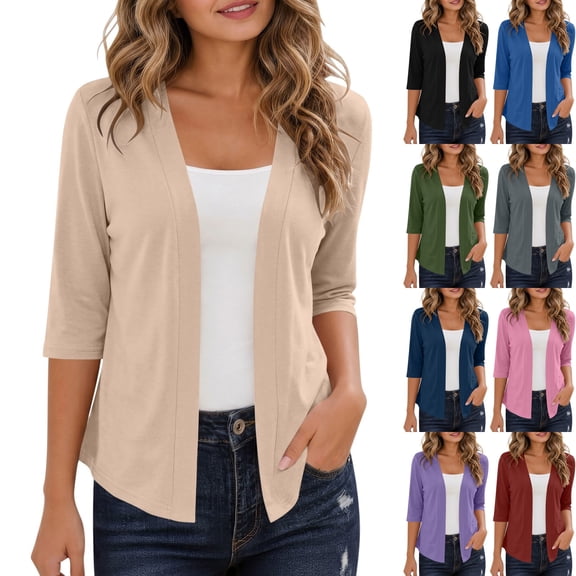Womens 3/4 Sleeve Open Front Cardigan Bolero Shrug Lightweight Soft Stretch Draped Topper for Evening Dress Cover Travel, Beige, L