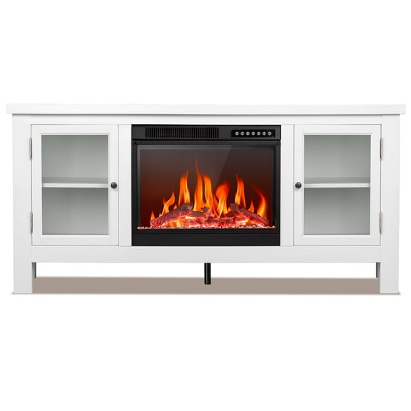 WAA Modern 58-Inch Glass Cabinet Doors TV Stand with Electric Fireplace
