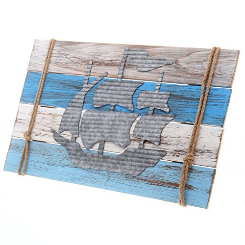 22 x 14 Barnyard Designs Nautical Wooden Plaque with Sailor Rope and Corrugated Sheet Metal Sailboat Cutout Nautical Beach Decor 22 x 14 Nautical Beach Decor FM17G0286