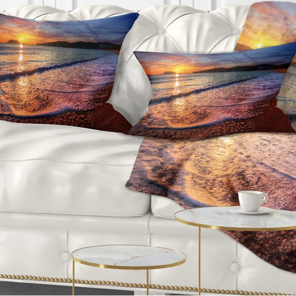 Designart Foaming Waves at Beautiful Sunset - Seashore Throw Pillow - 12x20