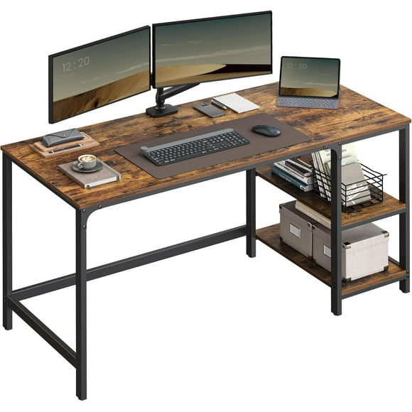 VASAGLE Bureau d'Ordinateur, Bureau d'Écriture avec 2 Étagères à Gauche Ou à Droite, Table de Travail pour Bureau et Salon, Cadre en Acier, Industriel, Brun Rustique et Noir Encre LWD47X