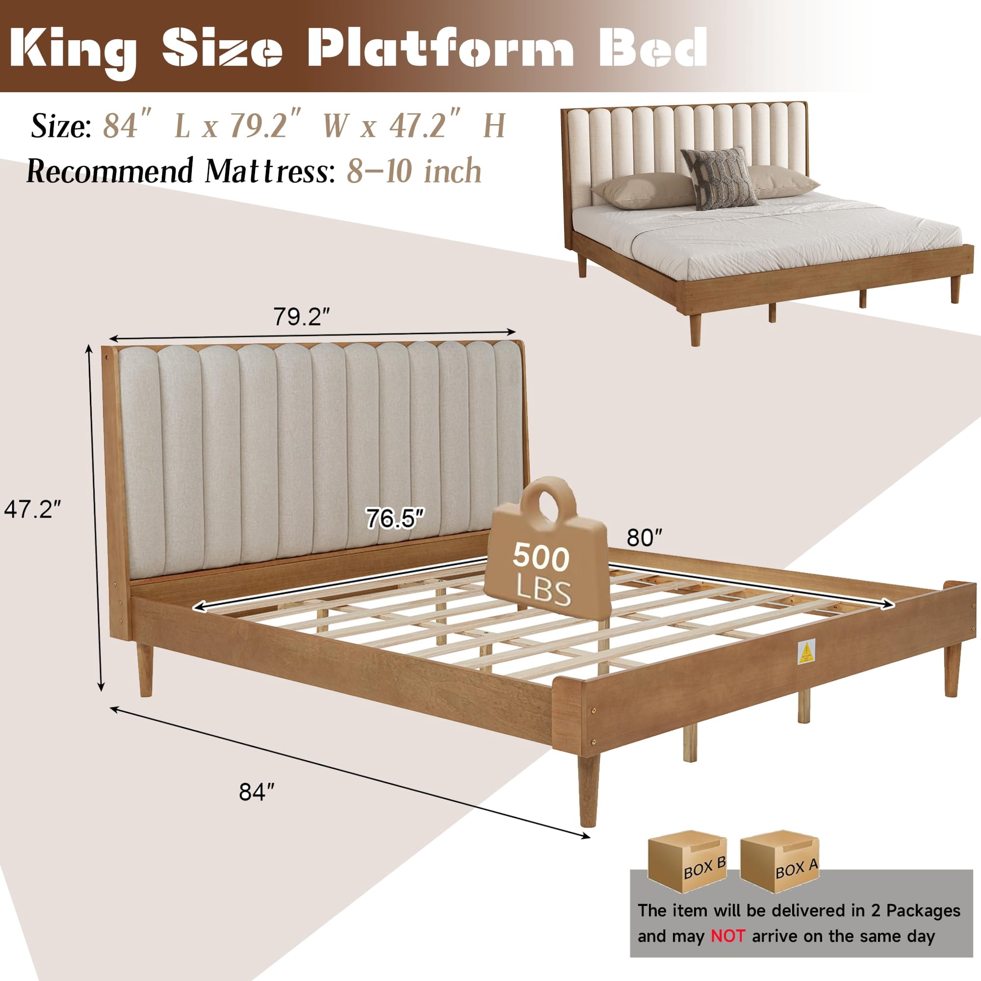 Wood King Size Bed Frame, Platform Bed King with Solid Rubber Wood Legs, Tall Upholstered Tufted Headboard, Wheat