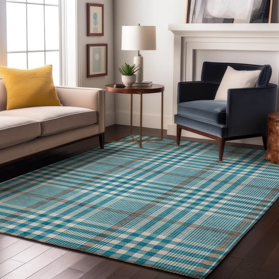 Addison Rugs Mayfield Premium Machine Washable Transitional Plaid Teal Rectangle Rug, 10' x 14'