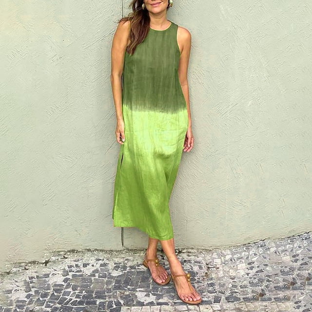 WILLBEST Maxi Vestidos de Mujer Vestido Largo Informal de Lino sin Mangas con Abertura y Degradado Teñido Anudado para Mujer Extra Grande