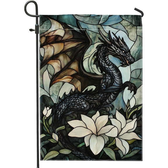 Dragon Motif Double Sided Garden Flag, Stained Glass Style Outdoor Lawn Decor, 12 x 18 Inch, Black