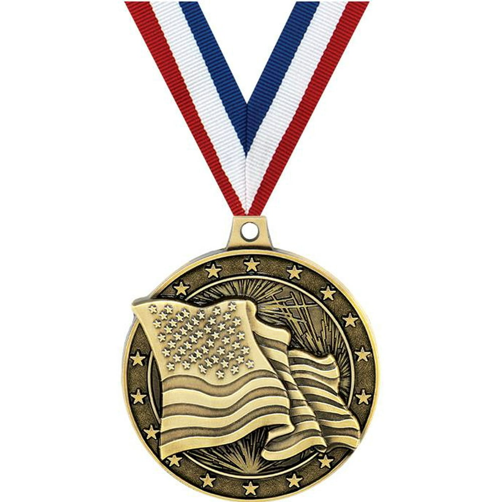 American Flag Medals, 2" Gold Diecast American Flag Medal Award 20 Pack