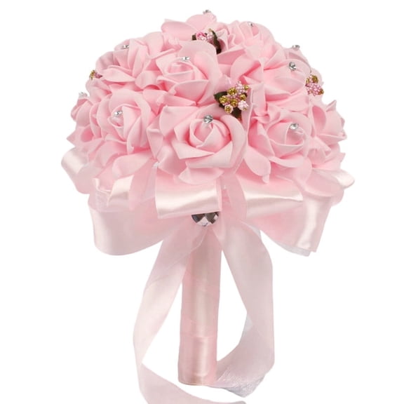 Pink Artificial Rose Bridal Wedding Bouquet with Rhinestone & Long Satin Ribbon, Fake Silk Flower Hand Bouquet, Elegant Floral Keepsake for Wedding Ceremony Bridesmaid Party Photo Decor Prop