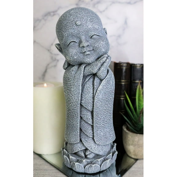 Ebros Japanese Jizo Monk Standing On Lotus Figurine 9.75"H (Hands On Left Cheek)