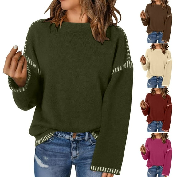 Ashirexll Pullover Sweaters for Women Winter Sweaters Casual Solid Color Knitting Loosing Long Sleeve Round Neck Sweaters Blouse Comfortable