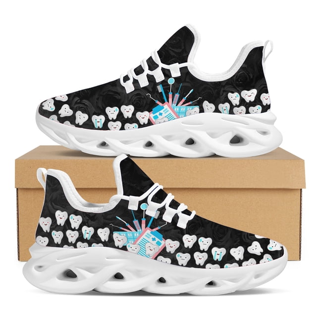 Zapatillas deportivas transpirables para mujer con temática dental, diferentes expresiones, estampado de dientes, zapatos planos, estampado de rosas, ligeros, con cordones