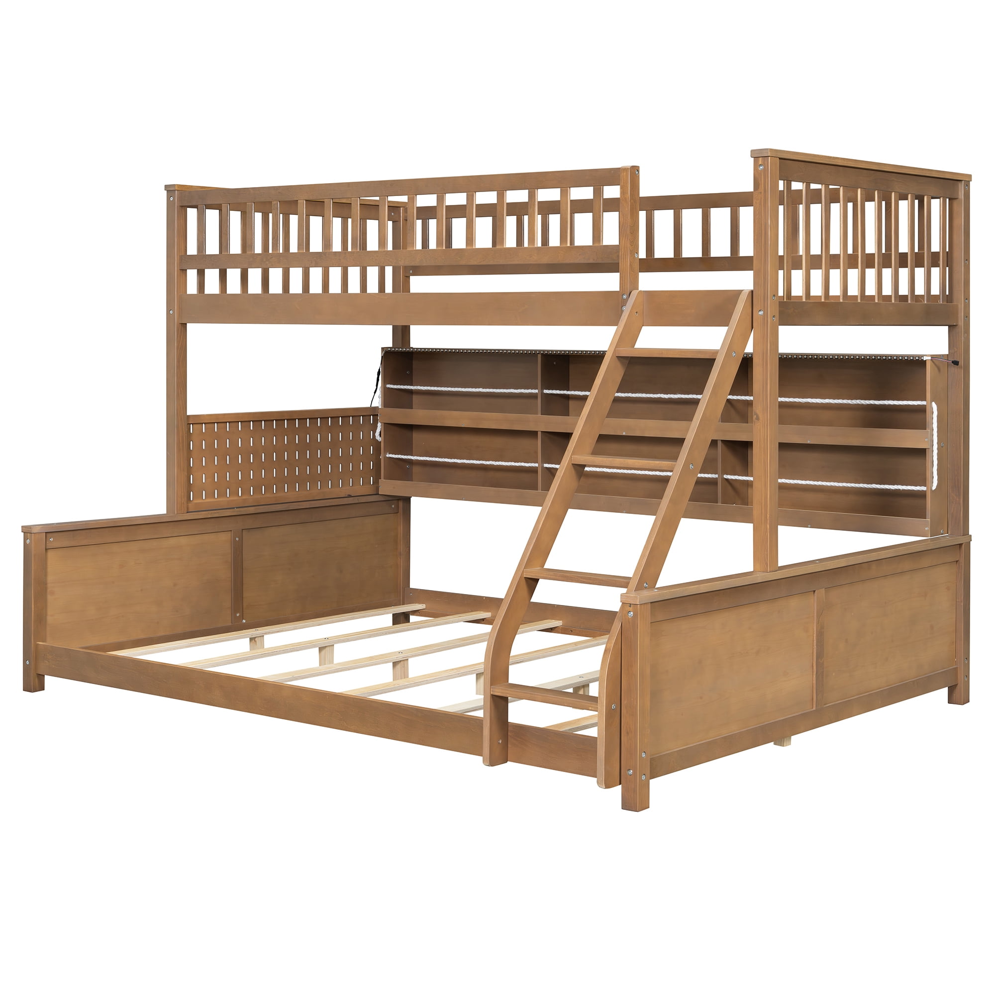 Twin XL over Queen Bunk Bed with Integrated Side Storage Shelves and Color-Changing LED Lights, Solid Wood Bunk Bed Frame with Integrated Shelving and Pegboard for Kids Teens Adults