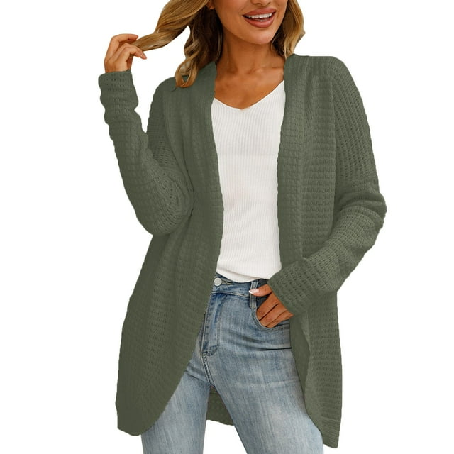 Manteau d'Hiver Automne pour Femmes Cardigan Tricoté Mode Mi-Longueur Manteau Extérieur Solide Chaud Trench Col Rond Tricoté Ample Ouvert devant Manteau