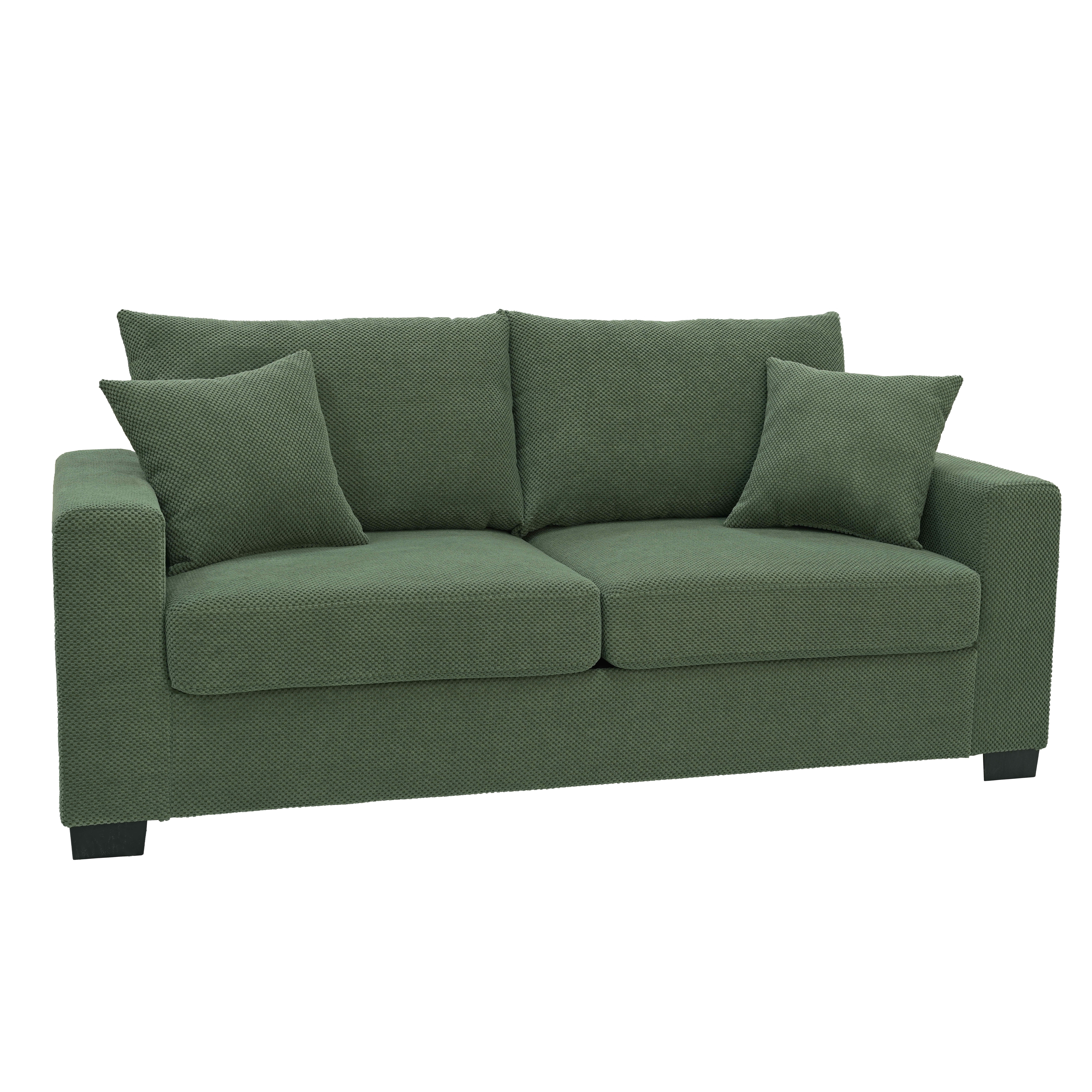 MAYEERTY 69 Inch 2‑Seater Upholstered Sofa, Textured Fabric Couch with 2 Throw Pillows and Plastic Legs for Apartment, Living Room, Home Office