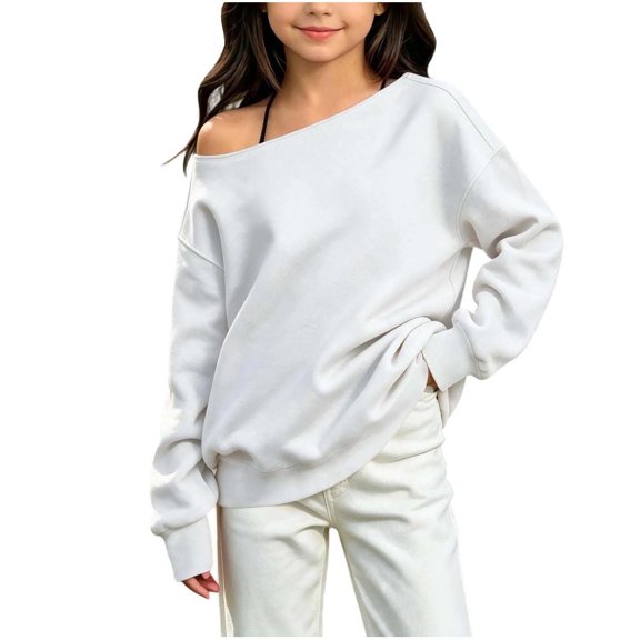 Atogsazn Kids Girls Off Shoulder Sweatshirt Childrens Casual Loose Long Sleeve Pullover Tops Fall Winter Sweater White 9-10 Years Fashion