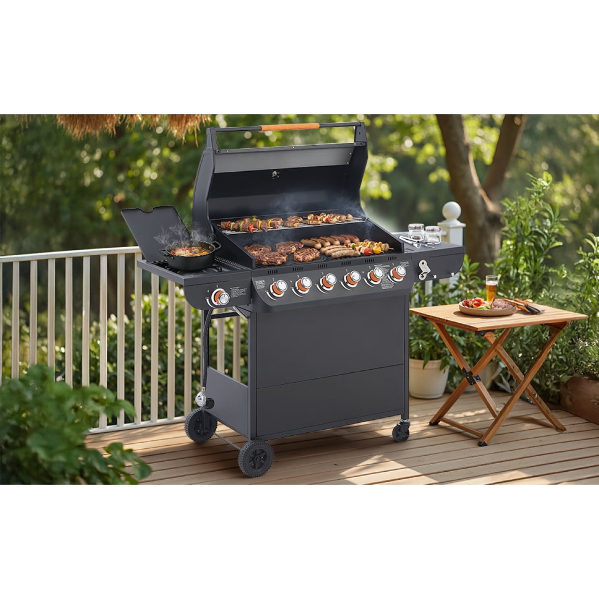 6-Burner Propane Gas Grill: 72000 BTU Power, 650 Sq.In Cooking Space, Side Burner, Cast Iron Grates for Outdoor Patio, Backyard Family Barbecues