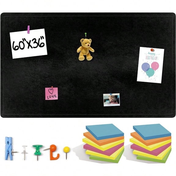 Large Bulletin Board 60 X 36 Inches Foldable Felt Bulletin Board For Wall Cork Board Alternative With 100 Color Pins 12 Note Pads Vision Board Black