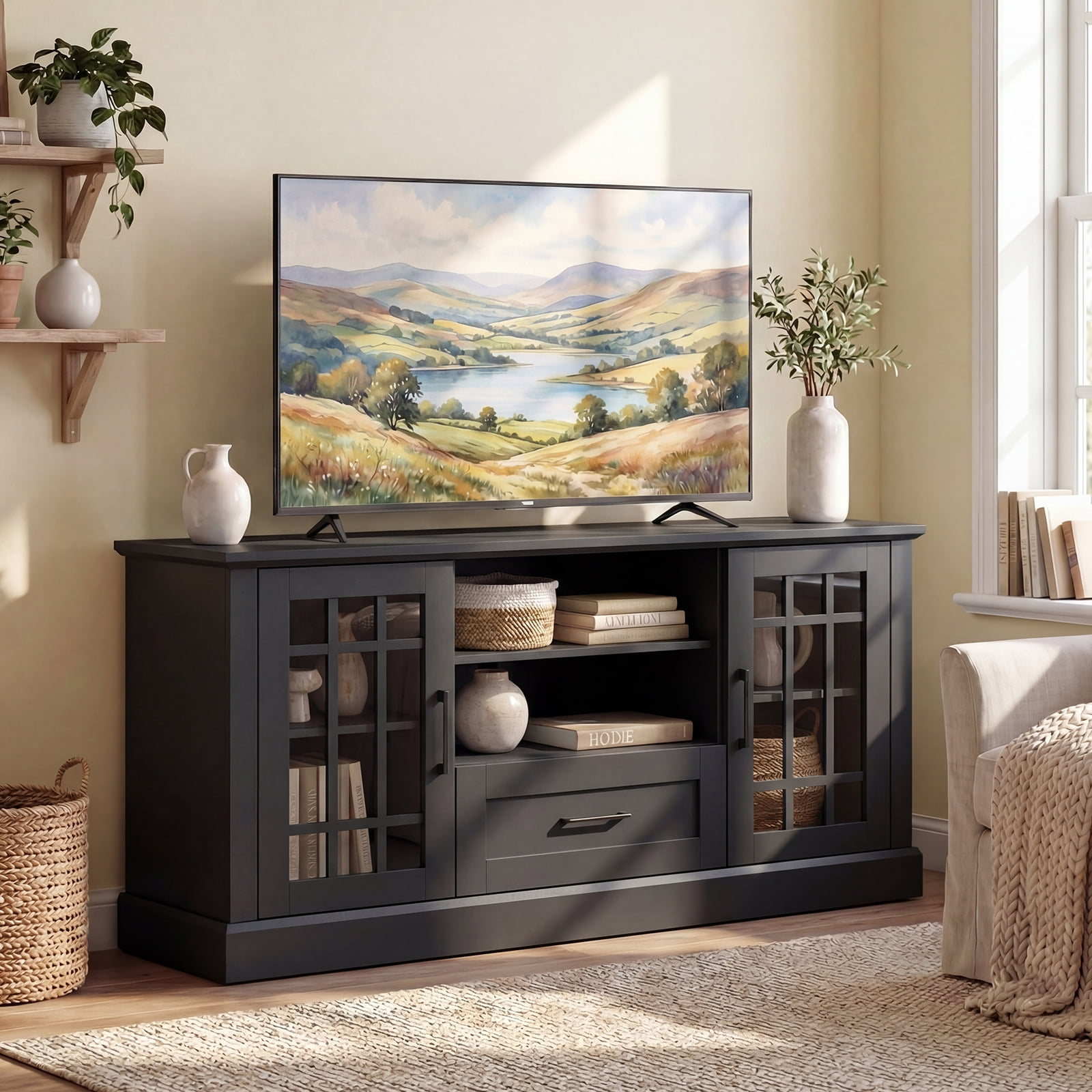 Gymax Farmhouse TV Stand for TVs up to 70'' Entertainment Media Center Storage Cabinet w/Glass Doors
