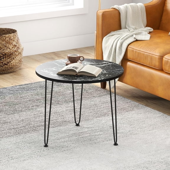 LUDYSHARE Round Coffee Table, Faux Marble Center Table with Metal Legs, Sofa Accent Side Table, Modren Coffee Tables for Living Room, Bedroom, Balcony, Small Space (Black)