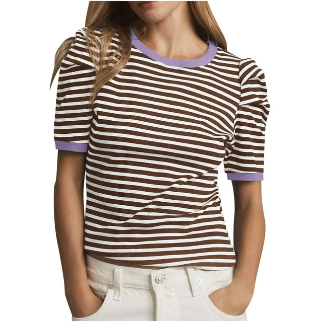 Liquidation à Moins de 6! Sevevn T-Shirt d'Été à Rayures pour Femmes Manches Courtes Manches Bouffantes Col Rond Blouse Décontractée Klim à Blocs de Couleur Tendance Col Rond Chemises Rayées Hauts Offre de la Semaine Marron TG
