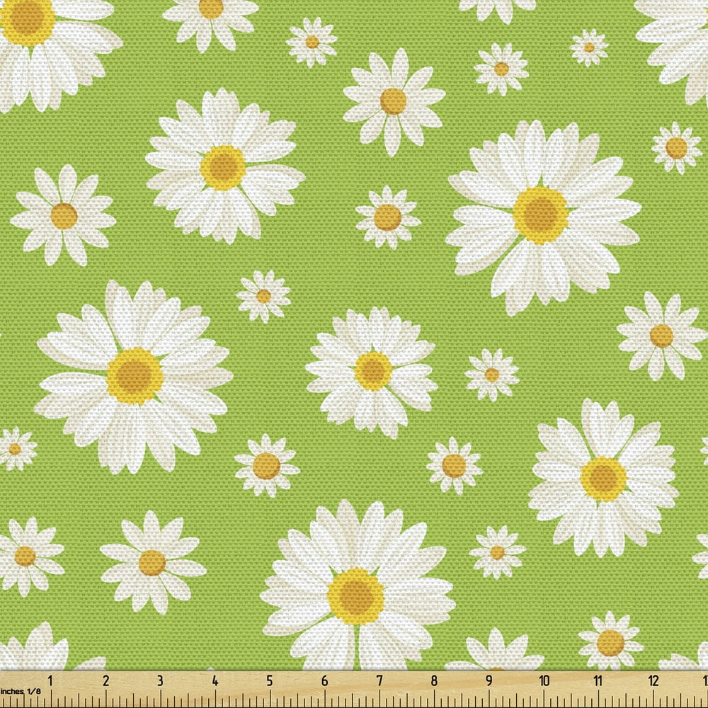 Daisy Fabric by the Yard Upholstery, Chamomile Blossoms on Pale Green