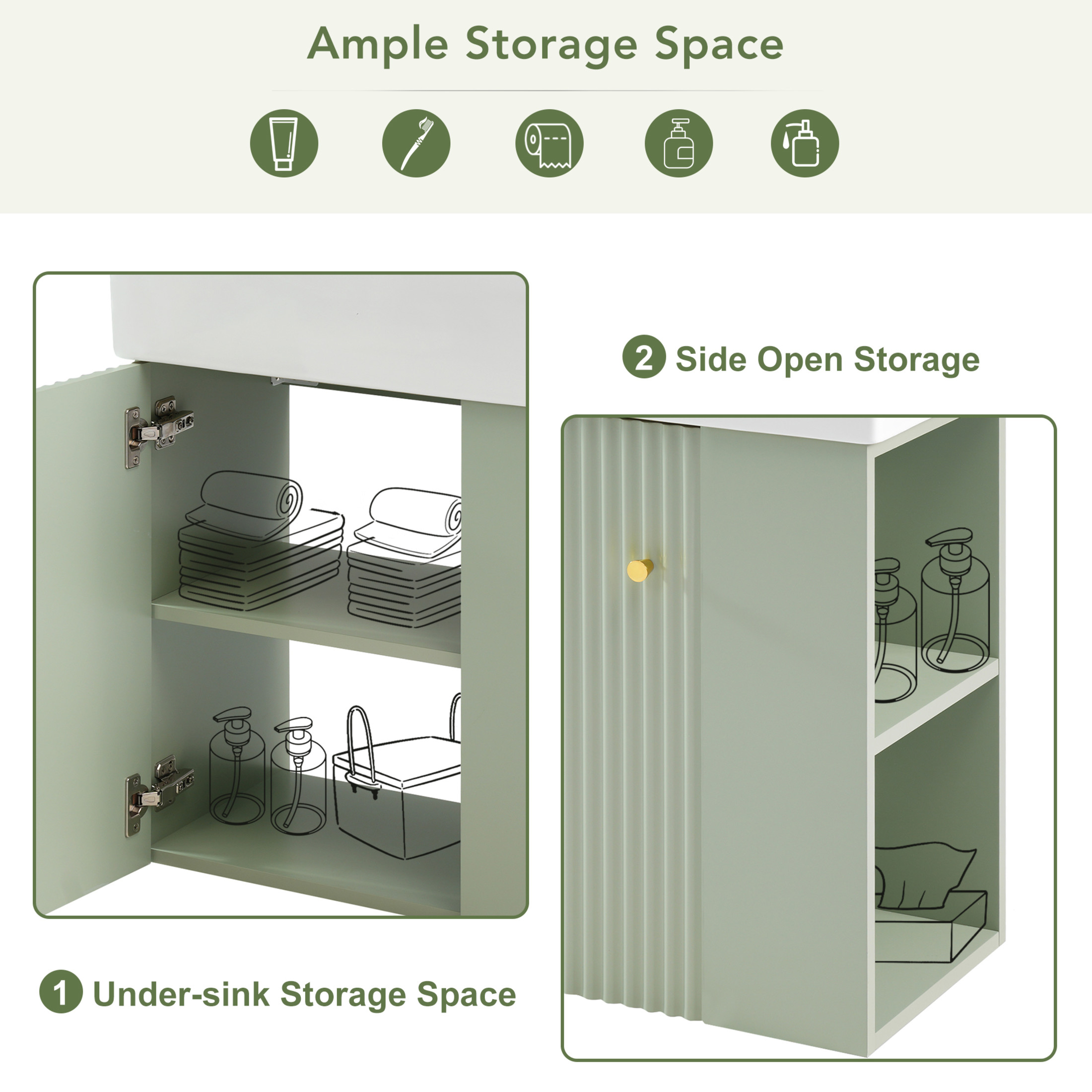 Noble House 21.6" Floating Bathroom Vanity with Ceramic Sink, Right Side Storage, Wave Door & Gold Handle, Green
