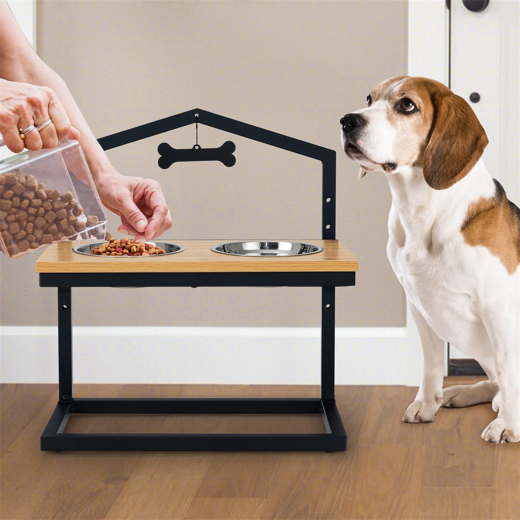 Kadyn 9"-17" Elevated Pet Feeder with 2 Stainless Steel Dog Bowls for Feeding Small Medium Dogs Cats Puppies, Beige