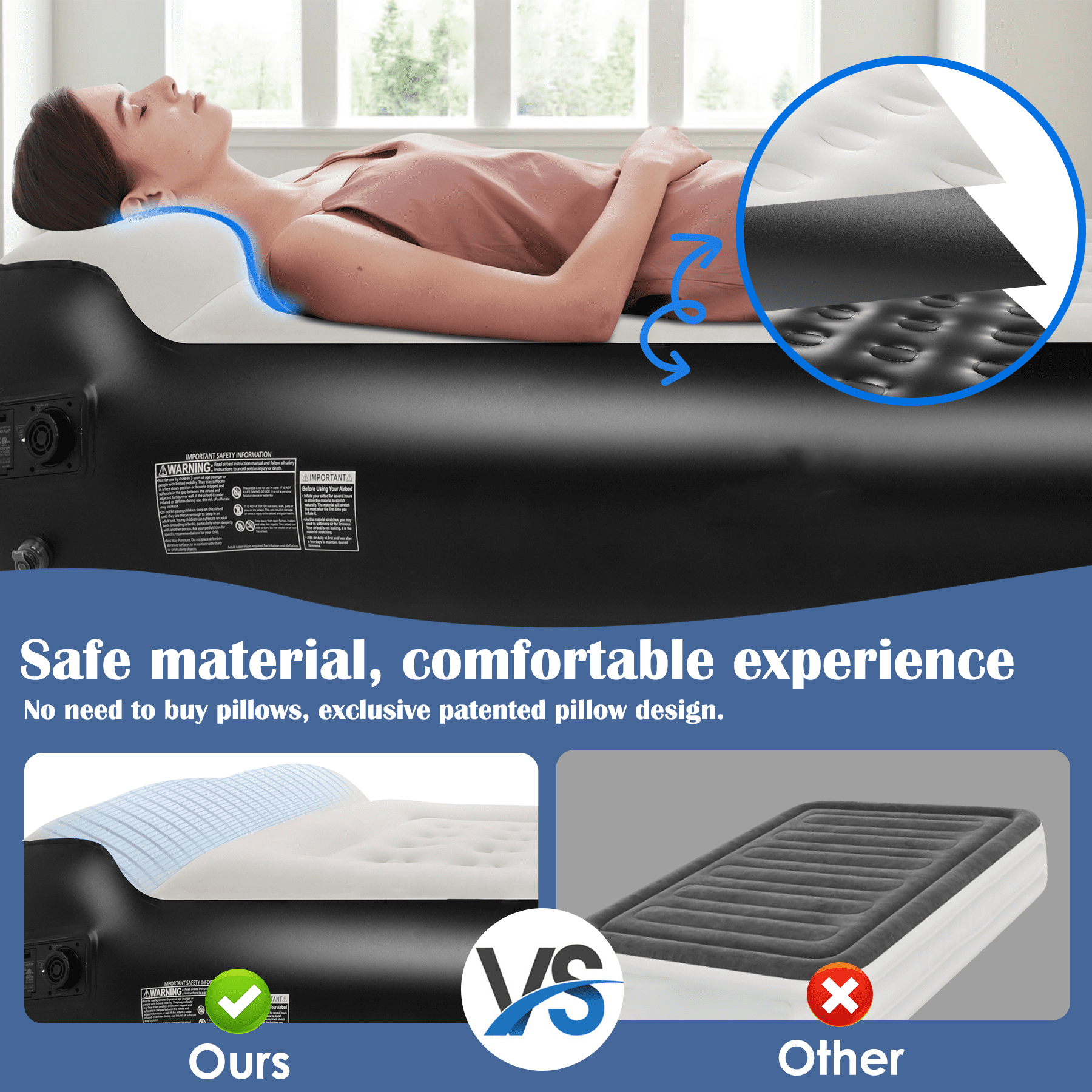 SBUSFGT Air Mattress Queen with Headboard, 16-Inch Raised Airbed with Built-In Pump, Quick Inflation & Deflation, Double High Inflatable Bed for Camping, Home