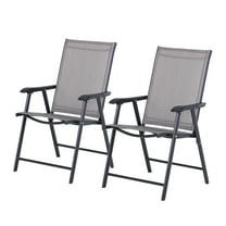 Patio Folding Chairs Set of 2, Stackable Outdoor Sling Chairs with Armrests - Metal Frame, No Assembly - Gray