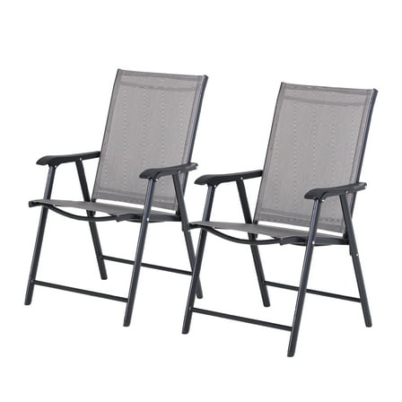 Patio Folding Chairs Set of 2, Stackable Outdoor Sling Chairs with Armrests - Metal Frame, No Assembly - Gray