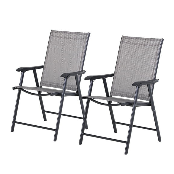 Patio Folding Chairs Set of 2, Stackable Outdoor Sling Chairs with Armrests - Metal Frame, No Assembly - Gray