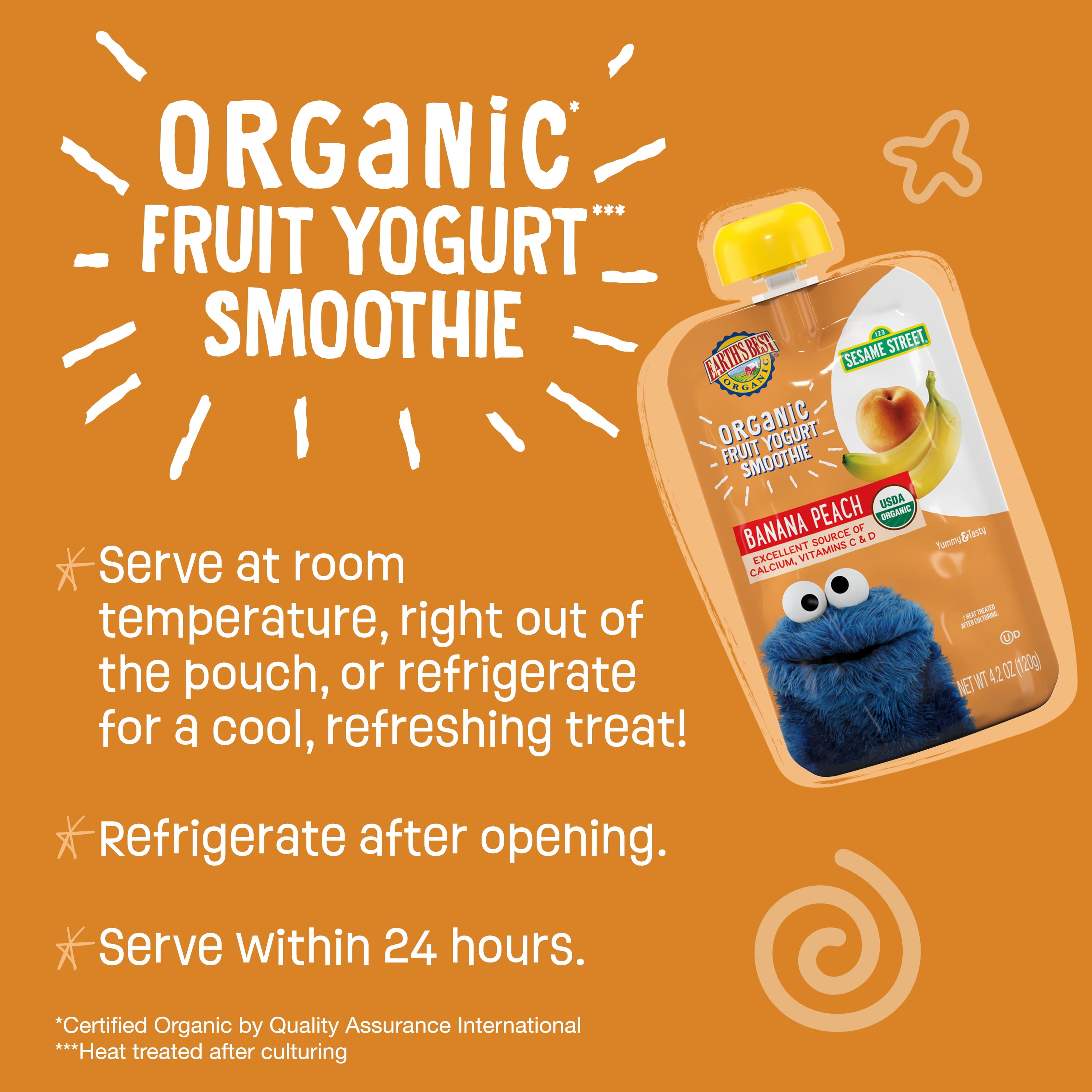 Earth's Best Organic Fruit Yogurt Smoothie Toddler Food, Peach Banana, 4.2 oz Pouch
