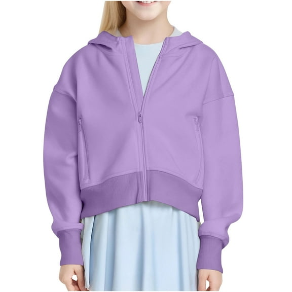 Cethrio Girls Zip up Hoodies, Casual Solid Color Long Sleeve Fall Girls Sweatshirts Purple Size 7-8 T