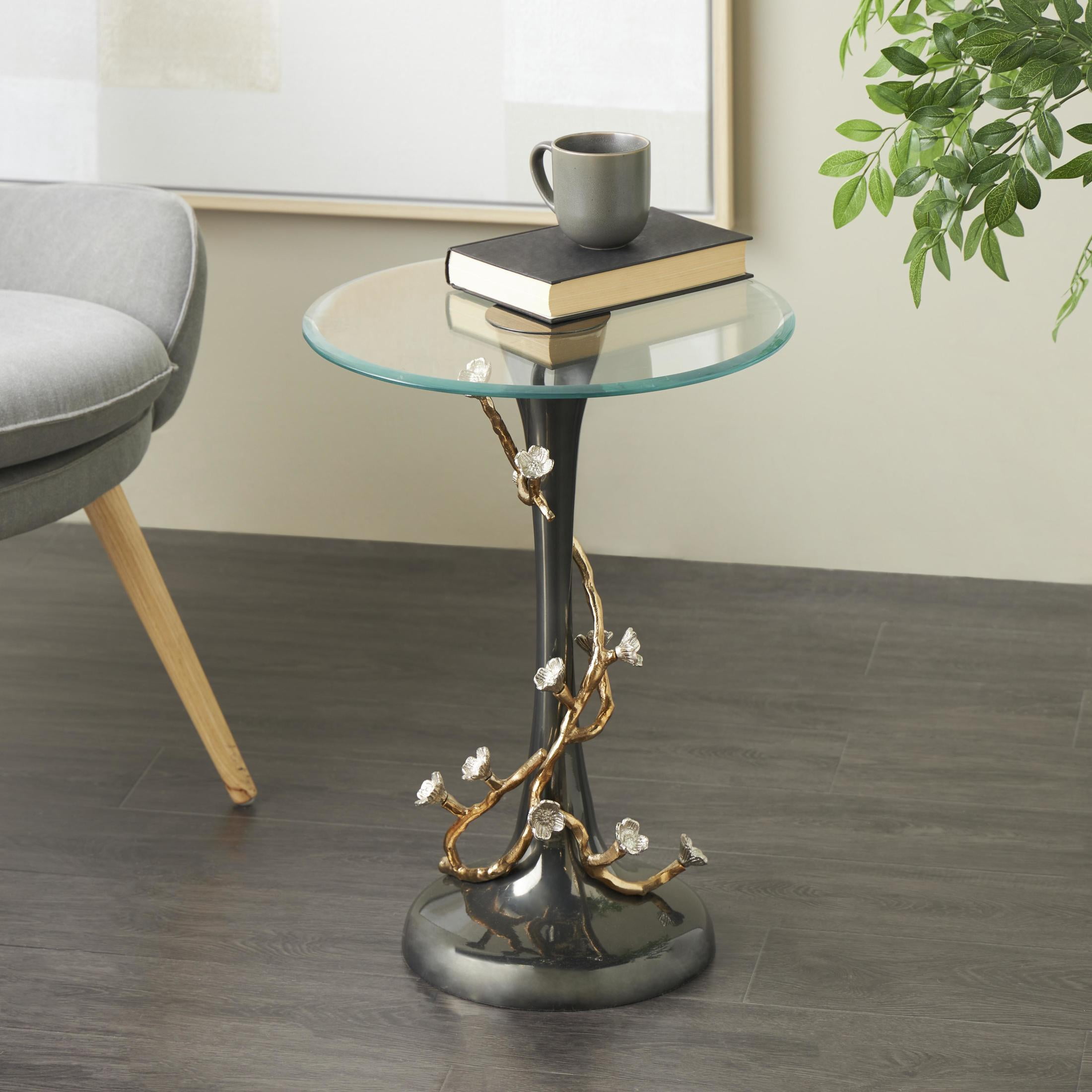 DecMode 18" x 23" Black Aluminum Metal Twisted Vine Floral Accent Table with Gold and Silver Accents and Glass Tabletop, 1-Piece