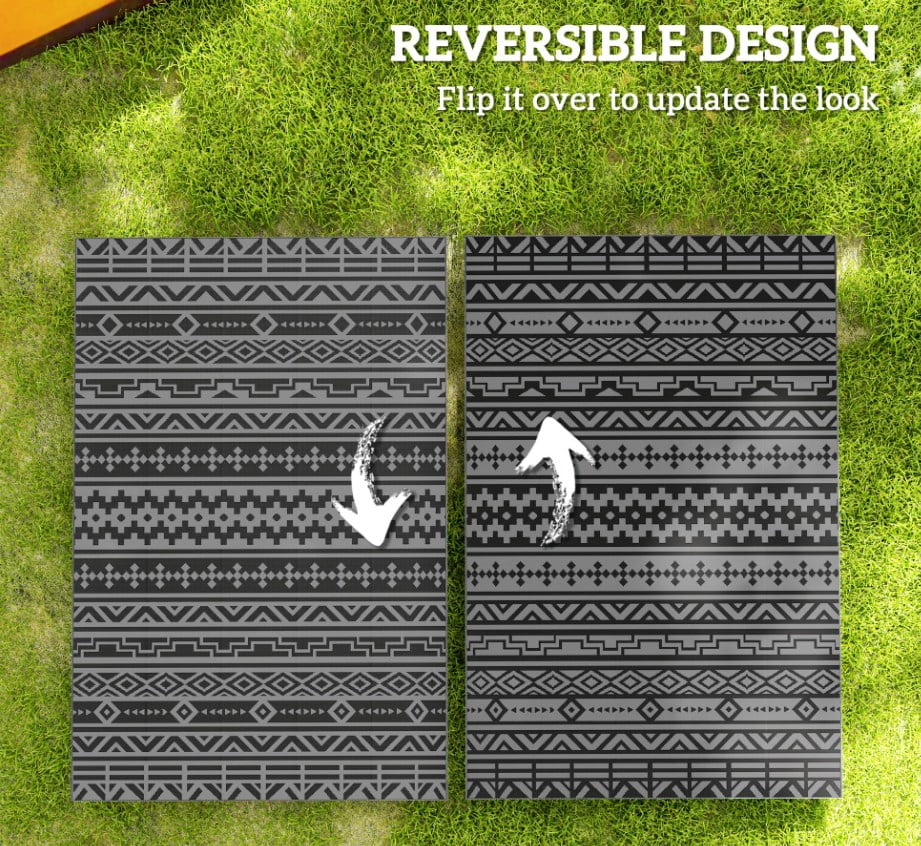 6' x 9' Black & Gray Geometric Wall Reversible Outdoor Rug, Waterproof Plastic Straw Patio Rug, Foldable Portable RV Camping Mat with Carry Bag