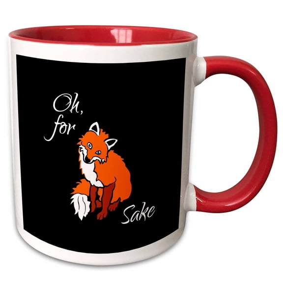 3drose, Funny Adorable Smiling Red Fox on Black. Oh, for Sake, 15oz Two-tone Red Mug