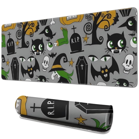 Long Mouse Pads for Desk,Halloween Witch Spooky Icons Pattern Desk Mats on Top Of Desks, Desk Mouse Pad Extra Large with 3mm Non-Slip Base and Stitched Edge for Gaming,Office,Work,Home 31.5x11.8in