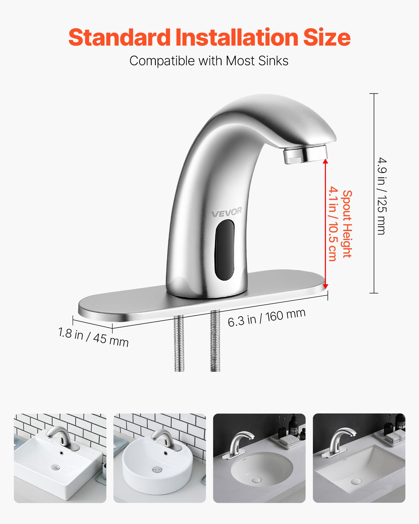 VEVOR Touchless Bathroom Sink Faucet, Automatic Motion Sensor Restroom Toilet Faucet with Hole Cover Plate, Battery Operated,Adjustable Temp for 9/16 in Pipe Commercial Lavatory,Brushed Nickel Silver